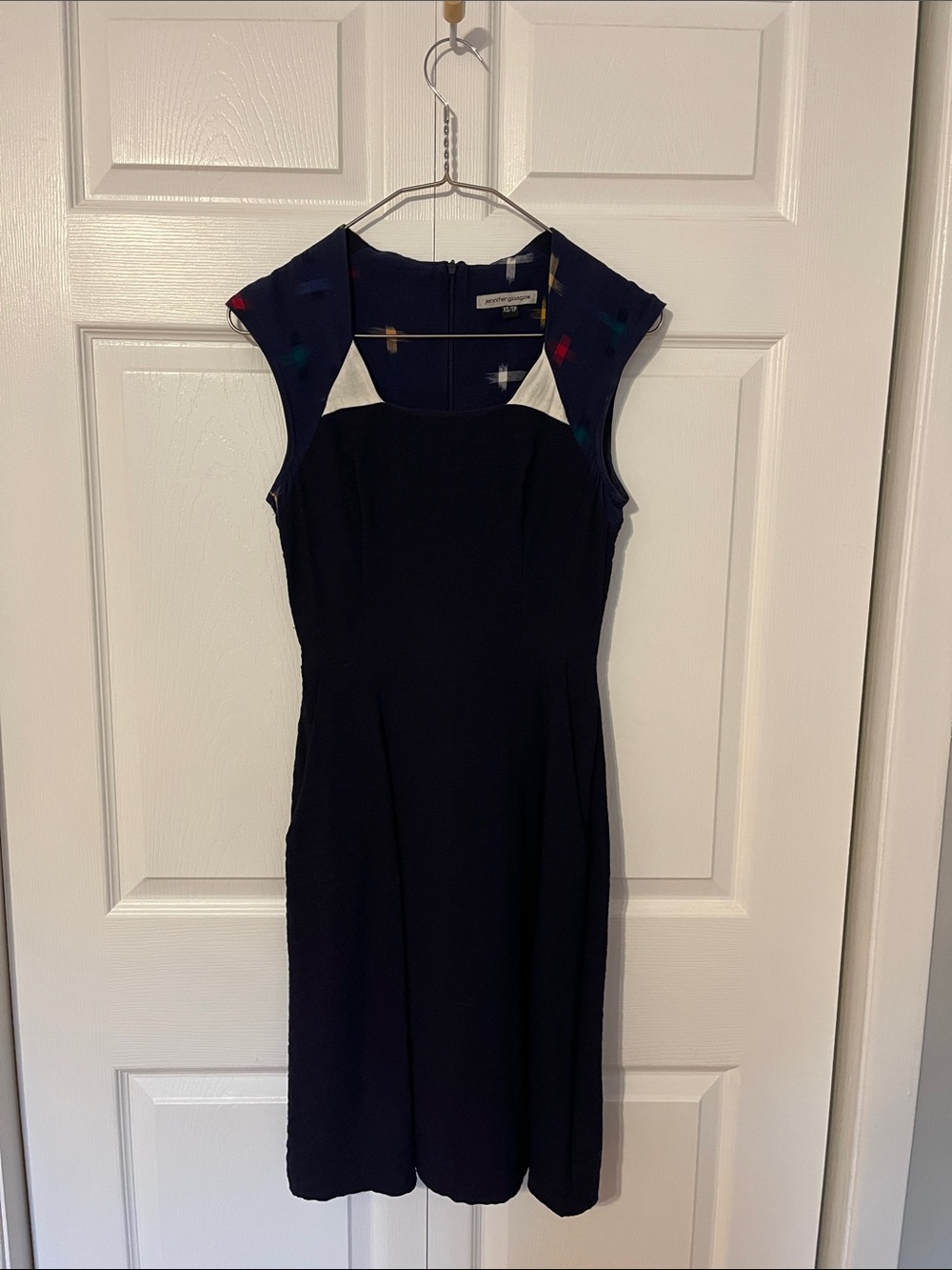 Cap-Sleeve Navy Midi Dress with Contrast Trim